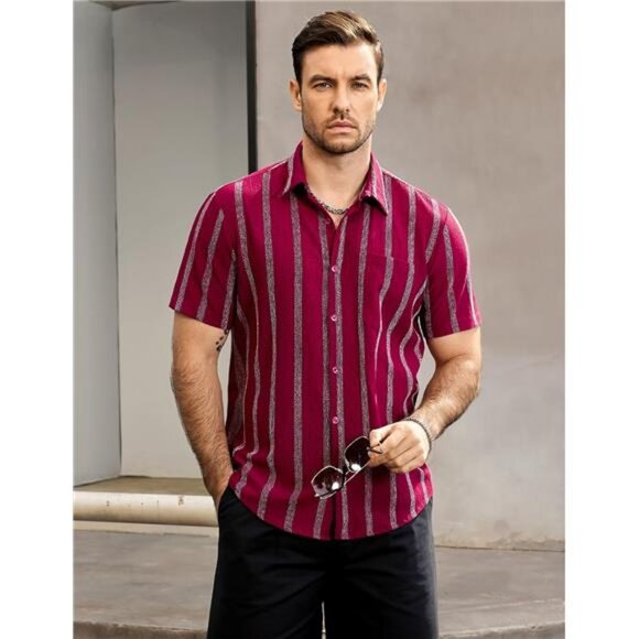 Mens Summer Striped Shirts Button Down Short Sleeve Vintage Beach - Picture 3 of 7